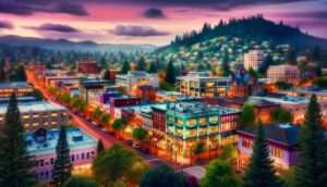  A vibrant cityscape of Eugene, Oregon, during twilight. The scene is bustling with life, showing a mix of modern and traditional buildings